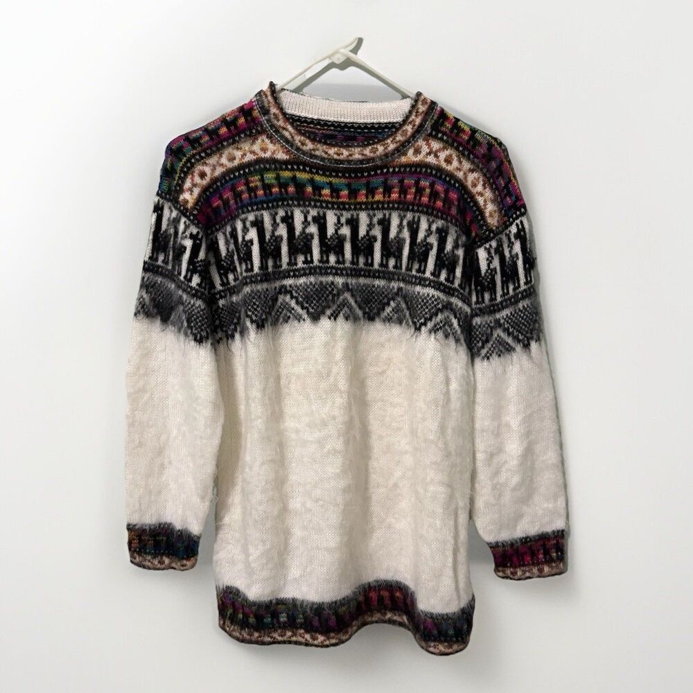 Alphaca Fair Isle Knit Sweater Multicolor Llama Print Sz M-L Nordic Unisex - Picture 2 of 7